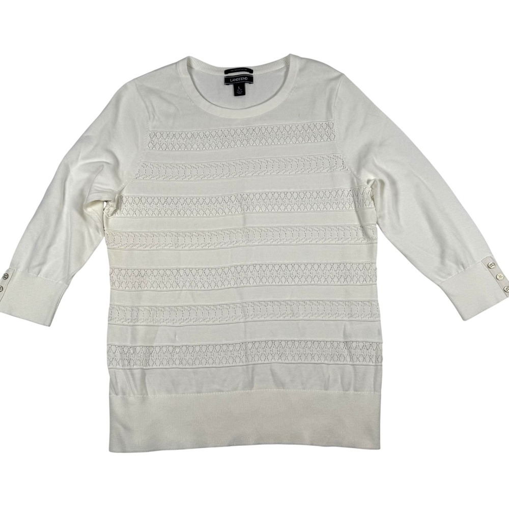 Lands End Drifter Sweater L Supima Cotton Striped Pointelle Stitch Lightweight